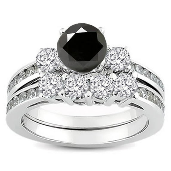 Dazzlingrock Collection 1.15 Carat (ctw) 18k Round Black & White Diamond Ladies Bridal Engagement Ring Set, White Gold, Size 8.5