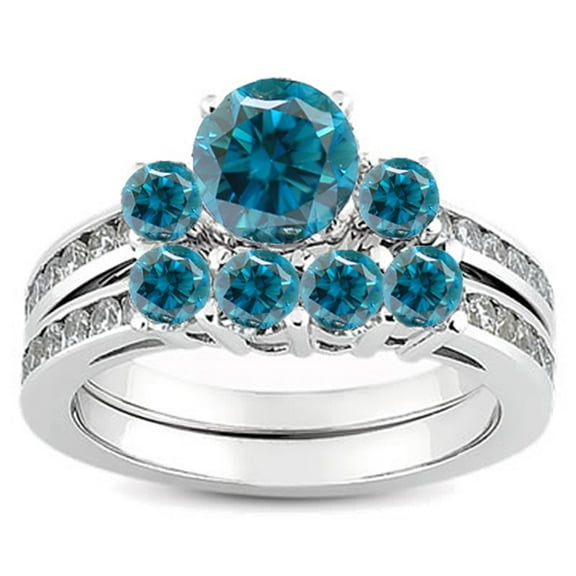 Dazzlingrock Collection 1.15 Carat (ctw) 18k Round Blue & White Diamond Ladies Bridal Engagement Ring Set, White Gold, Size 7