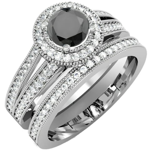 Dazzlingrock Collection 1.25 Carat (ctw) 10K White & Black Diamond Bridal Engagement Set 1 1/4 CT, White Gold, Size 6.5