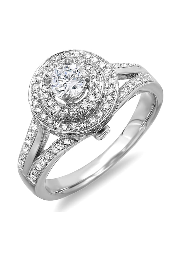 Collection 1.25 Carat (ctw) 10k Diamond Halo Style Split Shank Vintage Bridal Engagement Ring, White Gold, Size 7