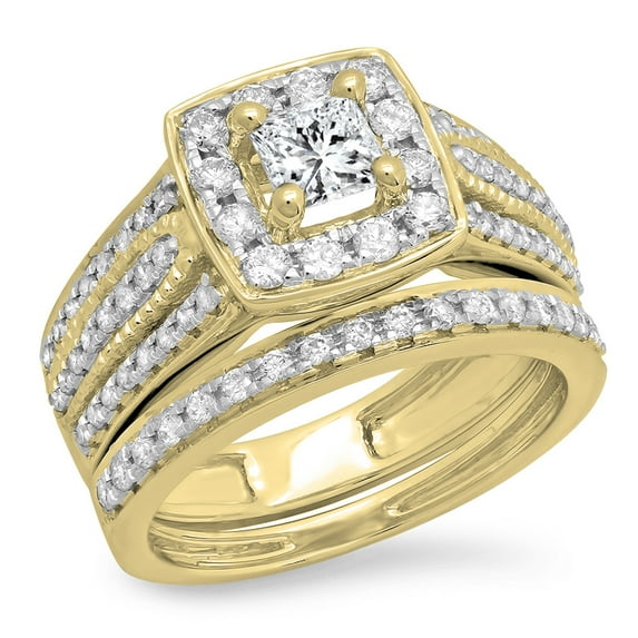 Dazzlingrock Collection 1.25 Carat (ctw) 14K Princess & Round Diamond Halo Engagement Ring Set 1 1/4 CT, Yellow Gold, Size 8