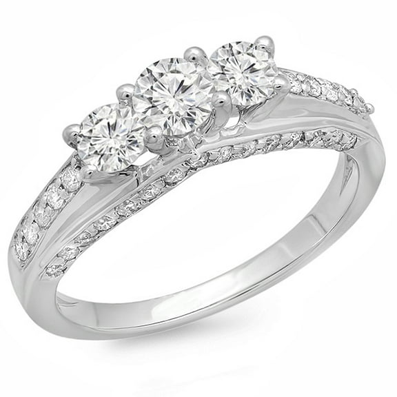 Dazzlingrock Collection 1.25 Carat (ctw) 14k Round Diamond Ladies Bridal Engagement 3 Stone Ring 1 1/4 CT, White Gold, Size 7