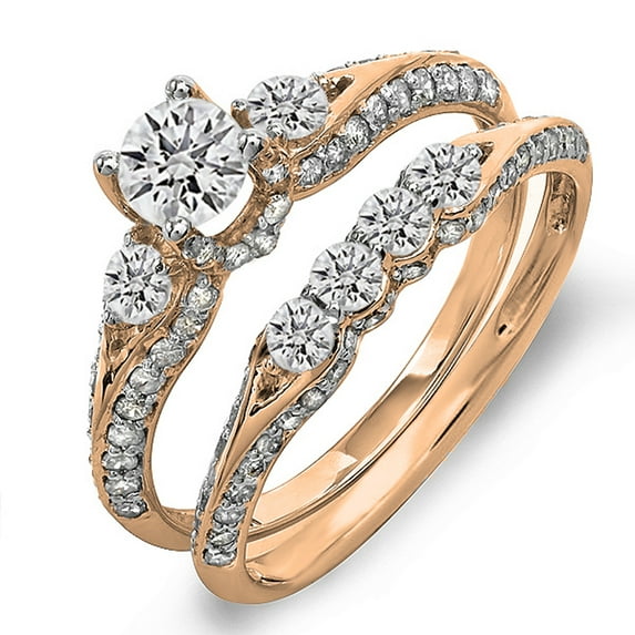 Dazzlingrock Collection 1.30 Carat (ctw) 14K Rose Round Diamond Ladies 3 Stone Bridal Engagement Ring Set, Size 9.5