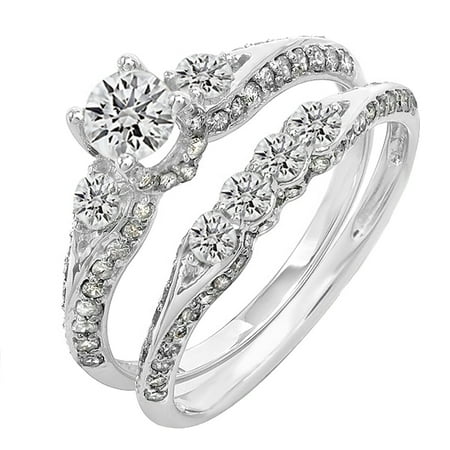 Dazzlingrock Collection 1.30 Carat (ctw) 14K Round Diamond Ladies 3 Stone Bridal Engagement Ring Set, White Gold, Size 8.5