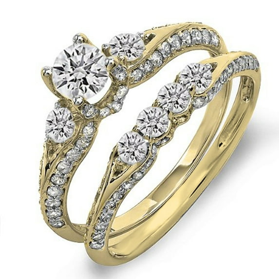 Dazzlingrock Collection 1.30 Carat (ctw) 14K Round Diamond Ladies 3 Stone Bridal Engagement Ring Set, Yellow Gold, Size 6