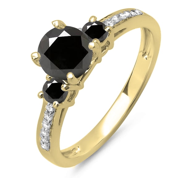 Dazzlingrock Collection 1.33 Carat (ctw) 14K Round White & Black Diamond Bridal 3 Stone Engagement Ring, Yellow Gold, Size 7