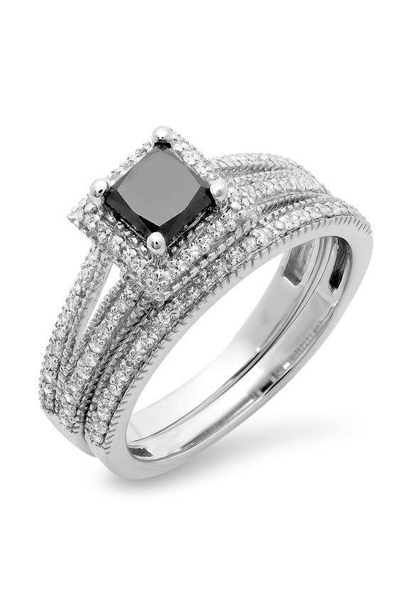 Collection 1.35 Carat (ctw) 14K Black & White Diamond Split Shank Halo Engagement Ring Set, White Gold, Size 8.5