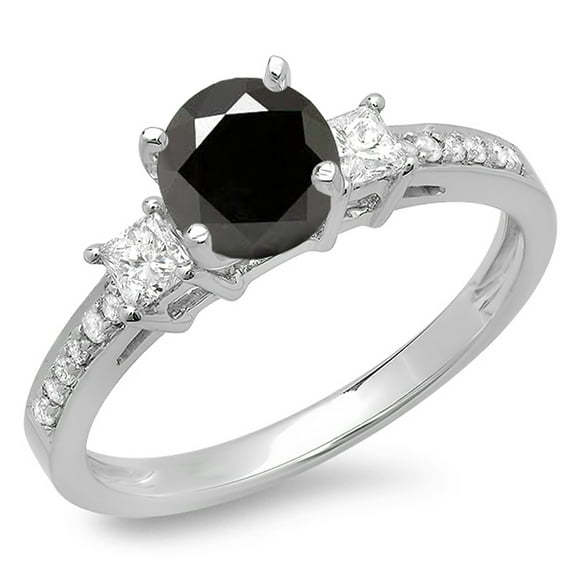 Dazzlingrock Collection 1.35 Carat (ctw) 14K Princess & Round Black & White Diamond Bridal 3 Stone Ring, White Gold, Size 8