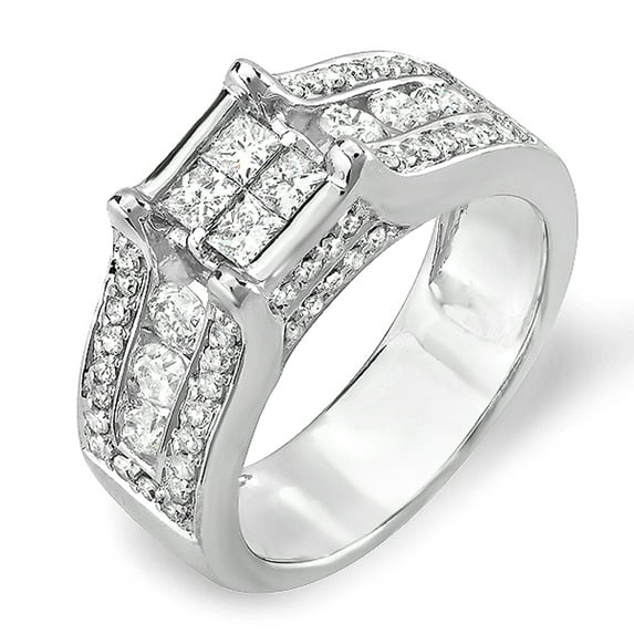 Dazzlingrock Collection 1.35 Carat (ctw) 14k Invisible Set Princess & Round Diamond Ladies Bridal Engagement Ring, White Gold, Size 7