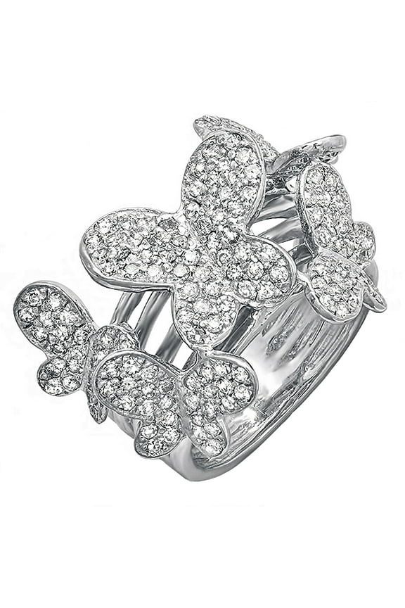 Collection 1.35 Carat (ctw) 18k Round Diamond Ladies Butterfly Cocktail Right Hand Ring, White Gold, Size 5