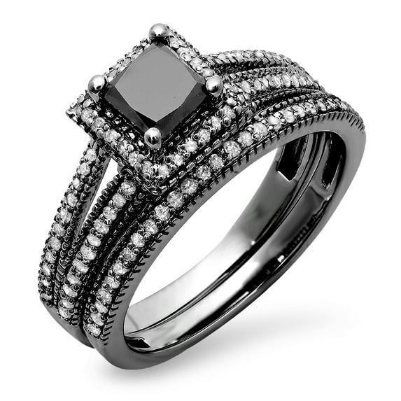 Dazzlingrock Collection 1.35 Carat (ctw) Black Rhodium Plated 14K Princess & Round Diamond Halo Ring Set, White Gold, Size 7.5