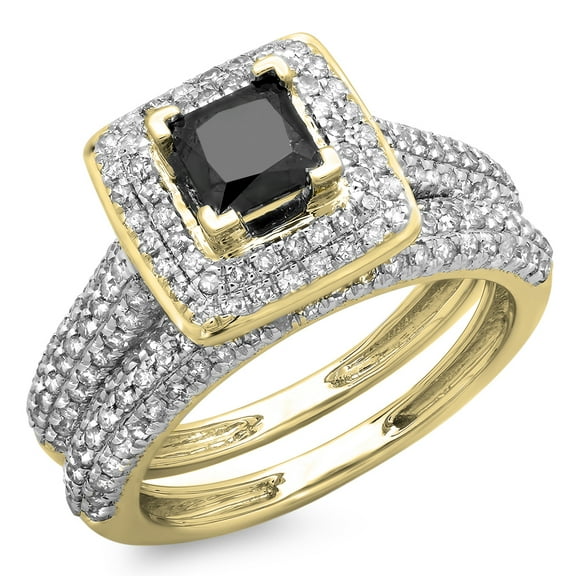 Dazzlingrock Collection 1.40 Carat (ctw) 10K Black & White Diamond Halo Bridal Engagement Ring Band Set, Yellow Gold, Size 6.5