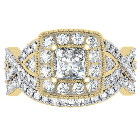 Dazzlingrock Collection 1.40 Carat (ctw) 10K Princess & Round Diamond Twisted Swirl Bridal Halo Ring Set, Yellow Gold, Size 7