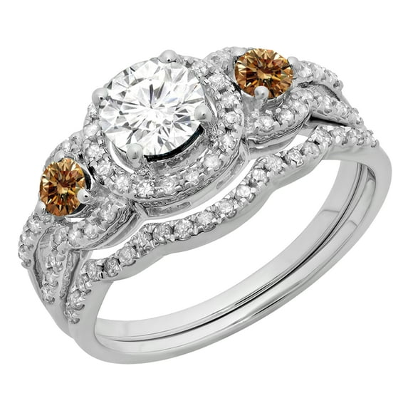 Dazzlingrock Collection 1.40 Carat (ctw) 14K Champagne & White Diamond 3 Stone Bridal Engagement Ring Set, White Gold, Size 8.5