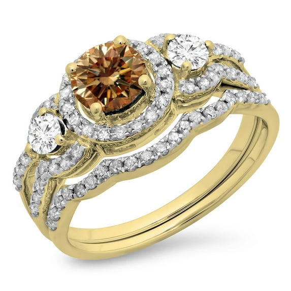 Dazzlingrock Collection 1.40 Carat (ctw) 14K Champagne & White Diamond 3 Stone Halo Engagement Ring Set, Yellow Gold, Size 7