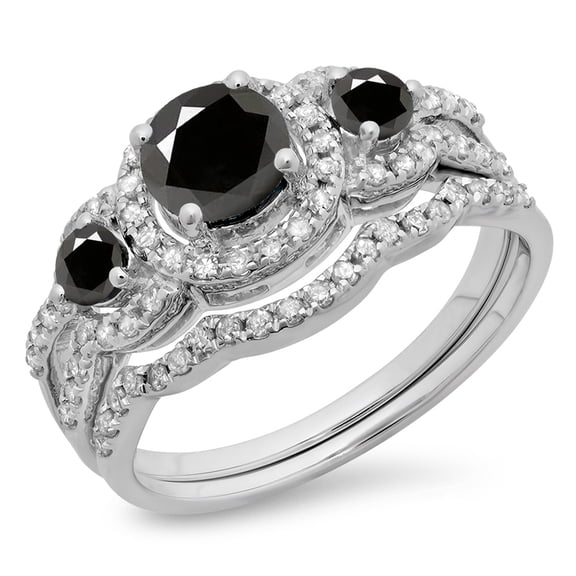 Dazzlingrock Collection 1.40 Carat (ctw) 14K Round Black & White Diamond 3 Stone Halo Engagement Ring Set, White Gold, Size 9.5