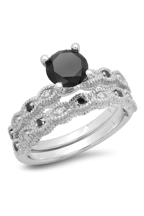 Collection 1.40 Carat (ctw) 14K Round Cut Black & White Diamond Vintage Engagement Ring Set, White Gold, Size 9