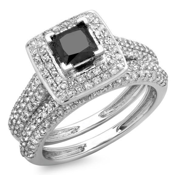 Dazzlingrock Collection 1.40 Carat (ctw) 18K Black & White Diamond Halo Bridal Engagement Ring Band Set, White Gold, Size 5