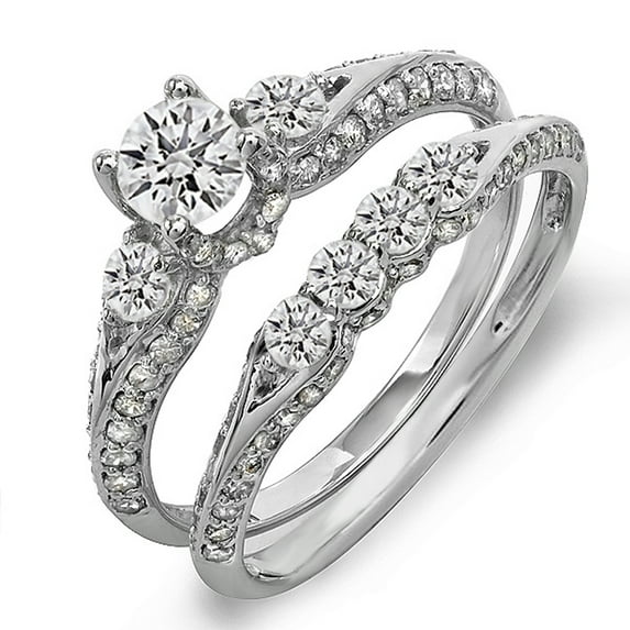 Dazzlingrock Collection 1.45 Carat (ctw) 10k Round Diamond Ladies 3 Stone Bridal Engagement Ring Set With Matching Band 1 1/2 CT, White Gold, Size 5.5