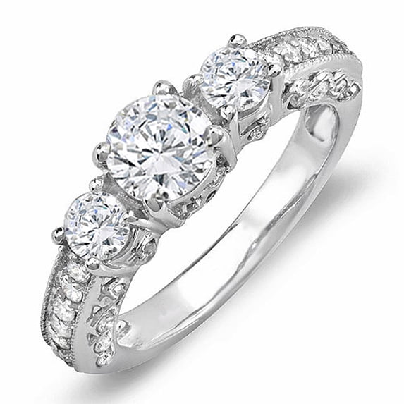 Dazzlingrock Collection 1.45 Carat (ctw) 14k Round Diamond Three Stone Engagement Bridal Ring; Center 0.70 CT, White Gold, Size 6.5