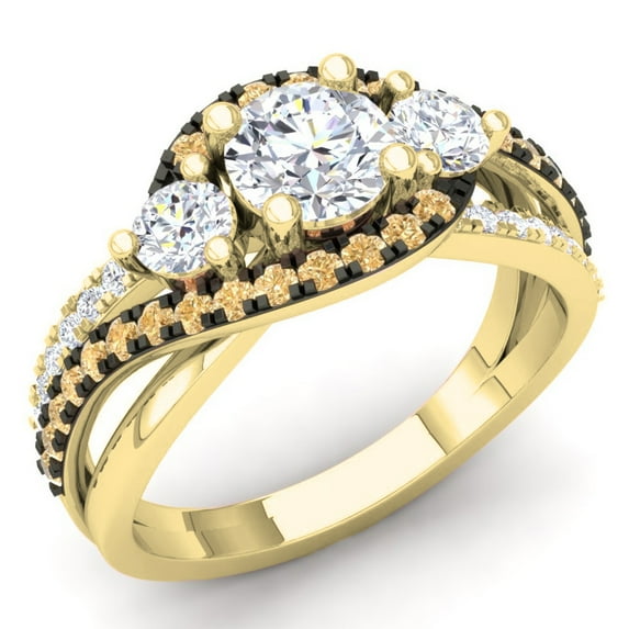 Dazzlingrock Collection 1.50 Carat (Ctw) 14K Champagne & White Diamond 3 Stone Engagement Ring 1 1/2 CT, Yellow Gold, Size 7