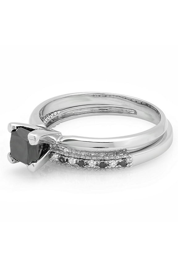 Collection 1.50 Carat (ctw) 10K Black & White Diamond Bridal Engagement Ring Set 1 1/2 CT, White Gold, Size 4