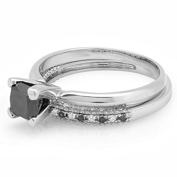 Dazzlingrock Collection 1.50 Carat (ctw) 10K Princess Cut Black & Round White Diamond Ladies Bridal Solitaire Engagement Ring With Matching Millgrain Wedding Band Set 1 1/2 CT, White Gold, Size 6.5