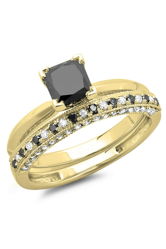 Collection 1.50 Carat (ctw) 10K Princess Cut Black & Round White Diamond Ladies Bridal Solitaire Engagement Ring With Matching Millgrain Wedding Band Set 1 1/2 CT, Yellow Gold, Size 5.5
