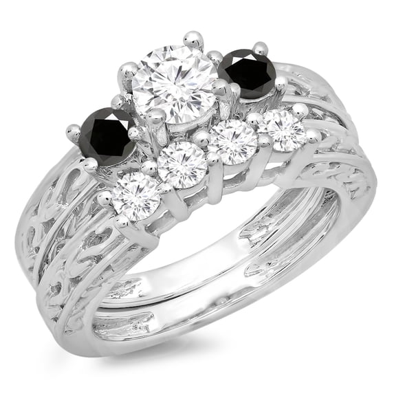 Dazzlingrock Collection 1.50 Carat (ctw) 14K Black & White Diamond 3 Stone Engagement Ring Set 1 1/2 CT, White Gold, Size 9