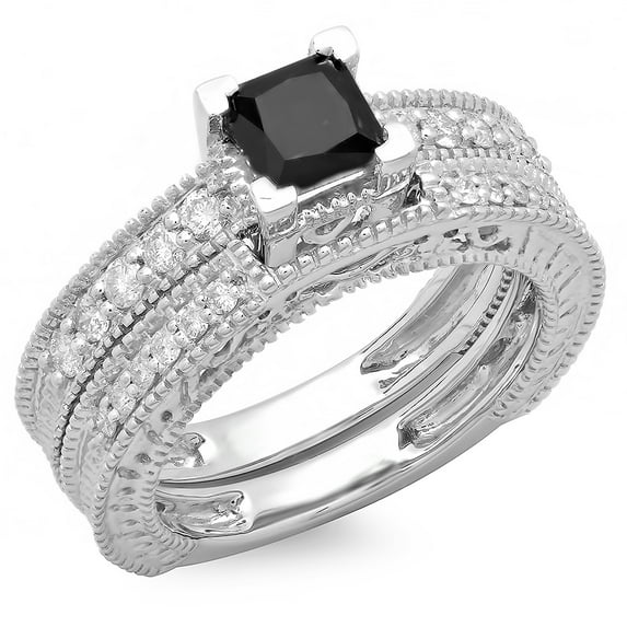 Dazzlingrock Collection 1.50 Carat (ctw) 14K Black & White Diamond Vintage Engagement Ring Set 1 1/2 CT, White Gold, Size 6