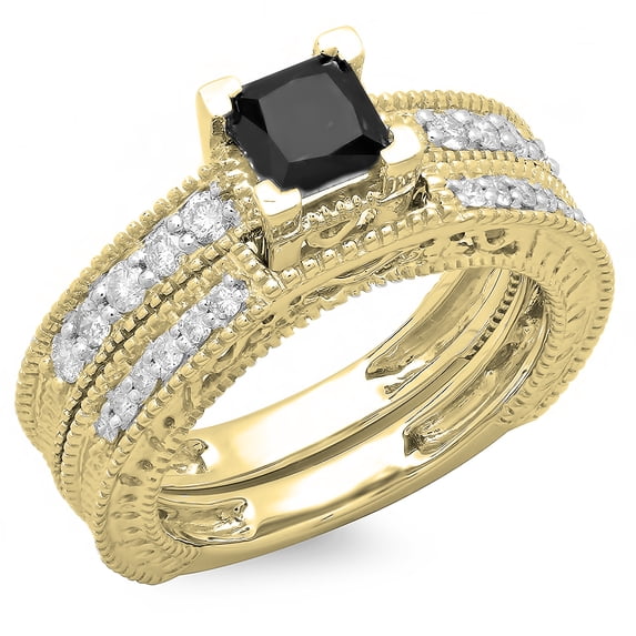 Dazzlingrock Collection 1.50 Carat (ctw) 14K Black & White Diamond Vintage Engagement Ring Set 1 1/2 CT, Yellow Gold, Size 7.5