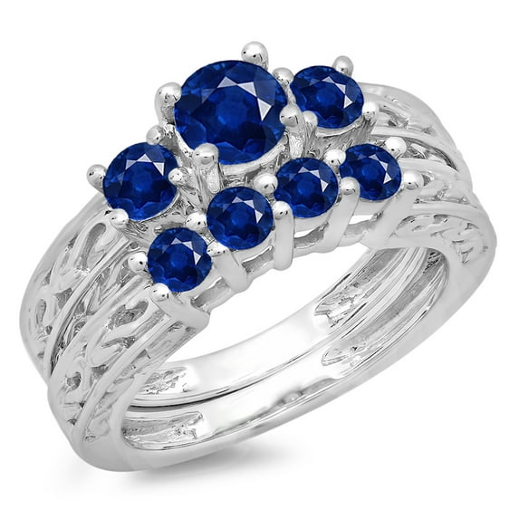 Dazzlingrock Collection 1.50 Carat (ctw) 14K Blue Sapphire Vintage 3 Stone Engagement Ring Set 1 1/2 CT, White Gold, Size 6