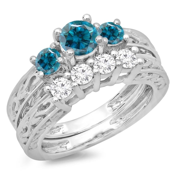 Dazzlingrock Collection 1.50 Carat (ctw) 14K Blue & White Diamond 3 Stone Engagement Ring Set 1 1/2 CT, White Gold, Size 5