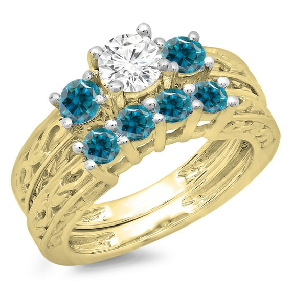Dazzlingrock Collection 1.50 Carat (ctw) 14K Blue & White Diamond 3 Stone Engagement Ring Set 1 1/2 CT, Yellow Gold, Size 6
