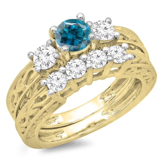 Dazzlingrock Collection 1.50 Carat (ctw) 14K Blue & White Diamond 3 Stone Engagement Ring Set 1 1/2 CT, Yellow Gold, Size 9