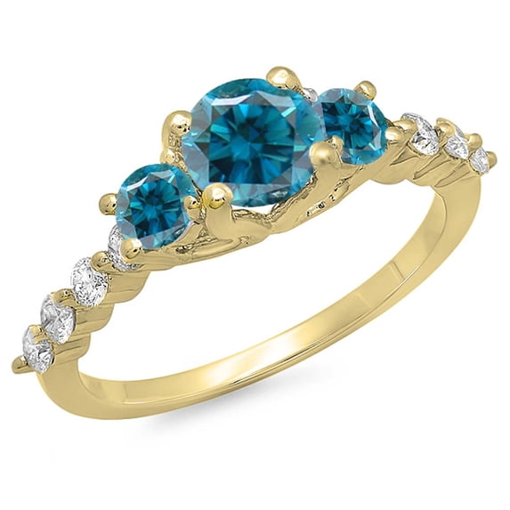 Dazzlingrock Collection 1.50 Carat (ctw) 14K Blue & White Diamond Bridal 3 Stone Engagement Ring 1 1/2 CT, Yellow Gold, Size 9.5