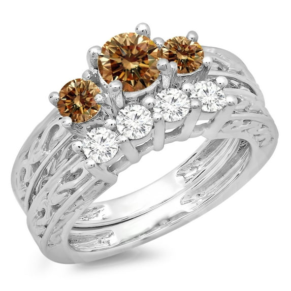 Dazzlingrock Collection 1.50 Carat (ctw) 14K Champagne & White Diamond Vintage 3 Stone Ring Set 1 1/2 CT, White Gold, Size 8