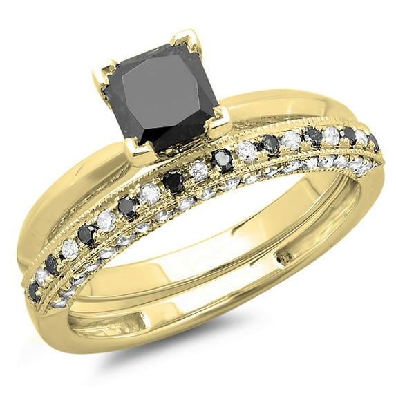 Dazzlingrock Collection 1.50 Carat (ctw) 14K Princess Cut Black & Round White Diamond Ladies Bridal Solitaire Engagement Ring With Matching Millgrain Wedding Band Set 1 1/2 CT, Yellow Gold, Size 7.5