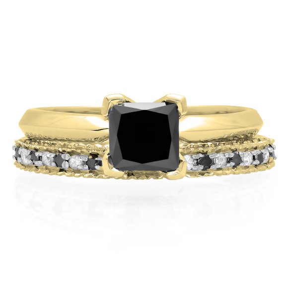 Dazzlingrock Collection 1.50 Carat (ctw) 14K Princess Cut Black & Round White Diamond Ladies Bridal Solitaire Engagement Ring With Matching Millgrain Wedding Band Set 1 1/2 CT, Yellow Gold, Size 8