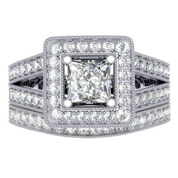 Dazzlingrock Collection 1.50 Carat (ctw) 14K Princess & Round Cut Diamond Halo Engagement Ring Set 1 CT, White Gold, Size 6