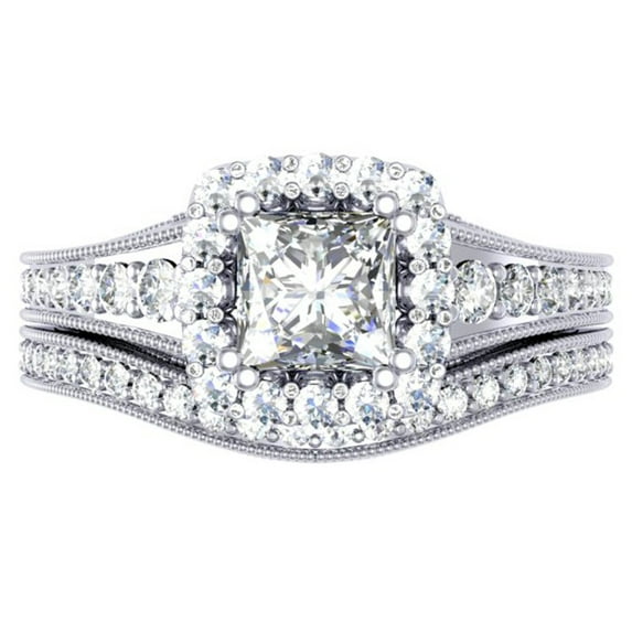 Dazzlingrock Collection 1.50 Carat (ctw) 14K Princess & Round Diamond Halo Engagement Ring Set 1 1/2 CT, White Gold, Size 4