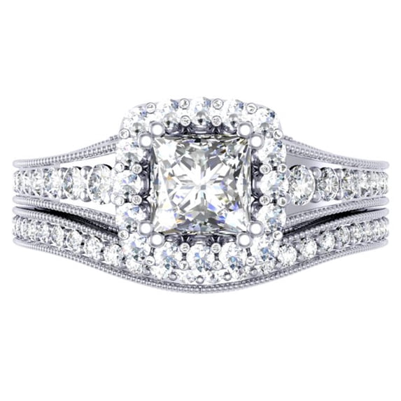 Dazzlingrock Collection 1.50 Carat (ctw) 14K Princess & Round Diamond Halo Engagement Ring Set 1 1/2 CT, White Gold, Size 8.5