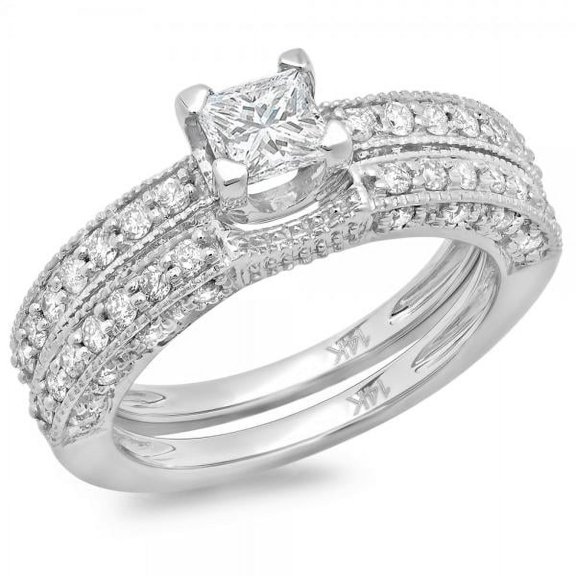 Dazzlingrock Collection 1.50 Carat (ctw) 14K Princess & Round Diamond Ladies Solitaire With Accents Bridal Engagement Ring With Matching Band Set 1 1/2 CT, White Gold, Size 8.5