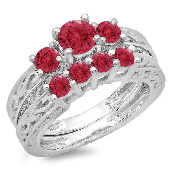 Dazzlingrock Collection 1.50 Carat (ctw) 14K Red Ruby Vintage 3 Stone Bridal Engagement Ring Set 1 1/2 CT, White Gold, Size 7.5