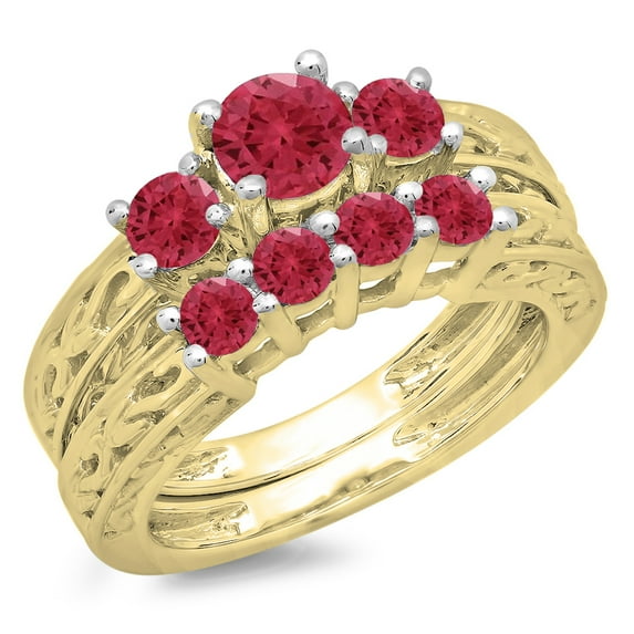 Dazzlingrock Collection 1.50 Carat (ctw) 14K Red Ruby Vintage 3 Stone Bridal Engagement Ring Set 1 1/2 CT, Yellow Gold, Size 7