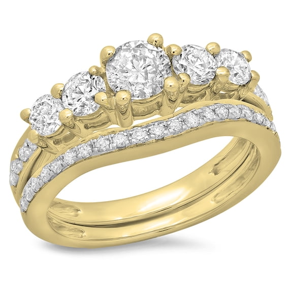 Dazzlingrock Collection 1.50 Carat (ctw) 14K Round Diamond 5 Stone Bridal Engagement Ring Set 1 1/2 CT, Yellow Gold, Size 6.5