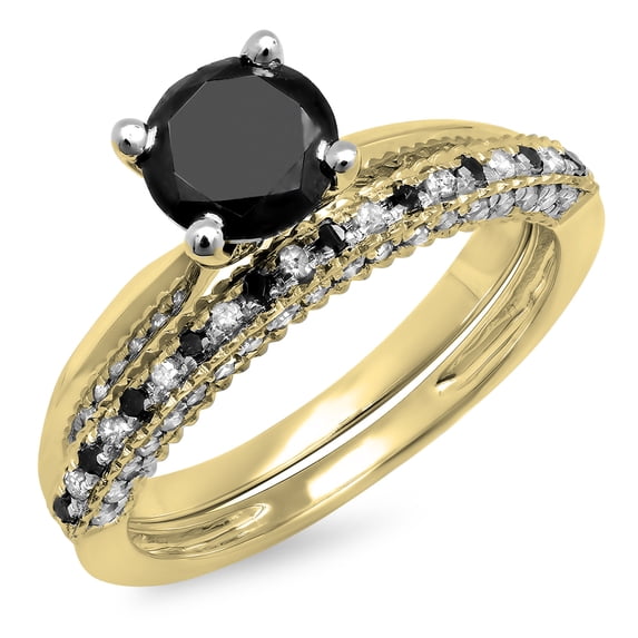 Dazzlingrock Collection 1.50 Carat (ctw) 18K Black & White Diamond Bridal Engagement Ring Set 1 1/2 CT, Yellow Gold, Size 9