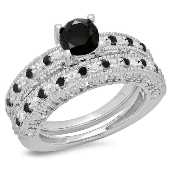 Dazzlingrock Collection 1.50 Carat (ctw) Sterling Silver Black & White Diamond Bridal Engagement Ring Set 1 1/2 CT, Size 9.5