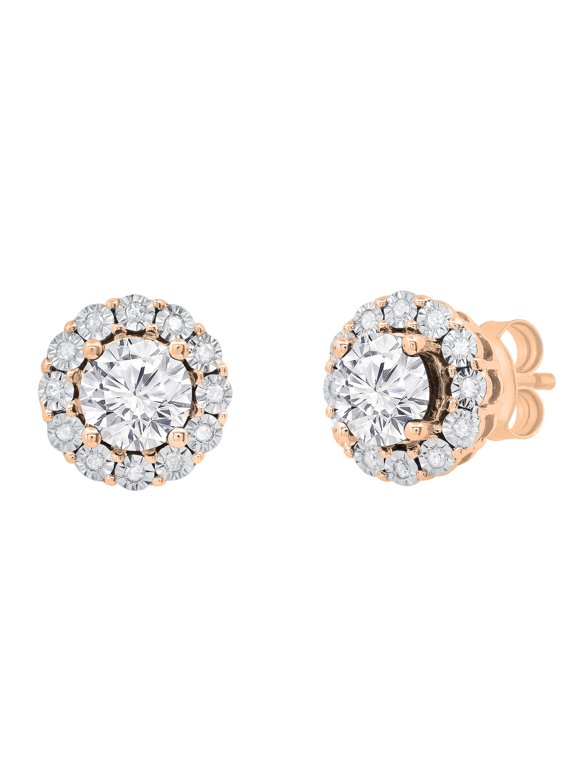 Collection 1.50 Ctw Round 5.5mm Each Center with Side Lab Grown White Diamond Halo Illusion Set Stud Earrings for Women in 14K Solid Rose Gold, Push Back