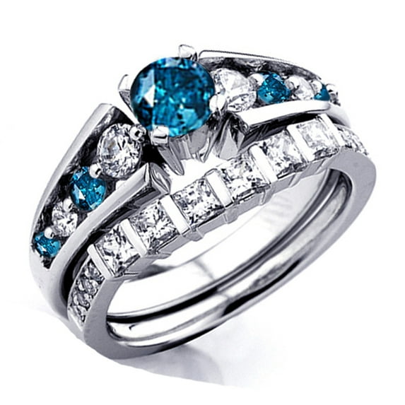 Dazzlingrock Collection 1.55 Carat (ctw) 14K White And Blue Diamond Bridal Engagement Set 1 1/2 CT, White Gold, Size 6